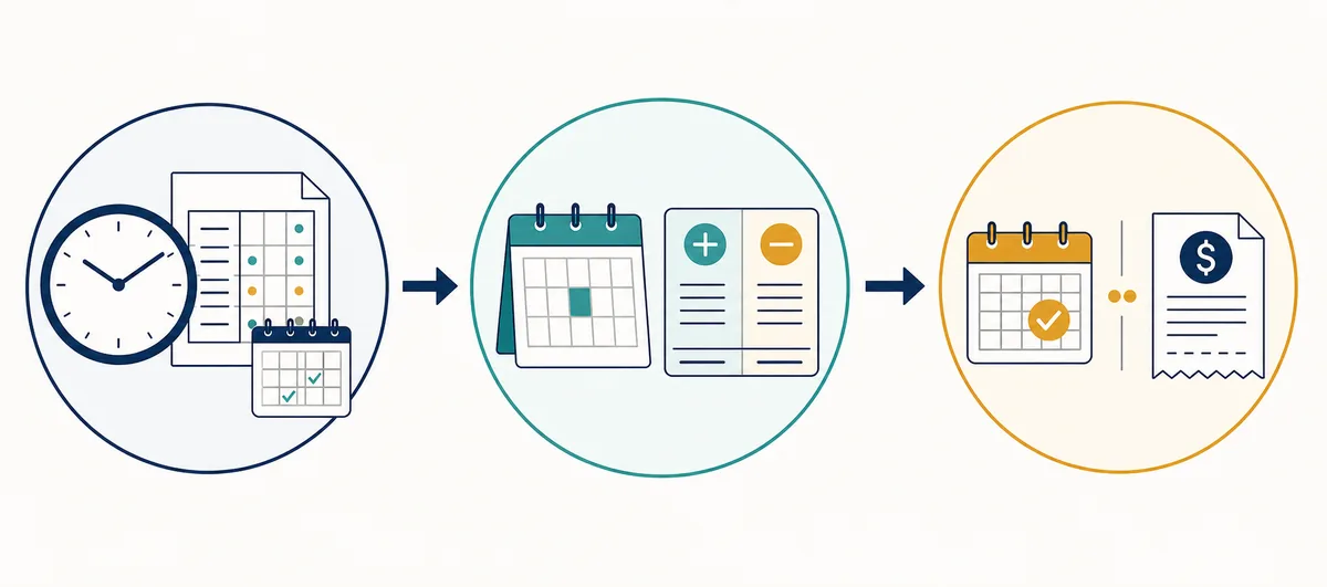 Fluxo editorial com registro de horas, conferência do saldo e pagamento ou compensação