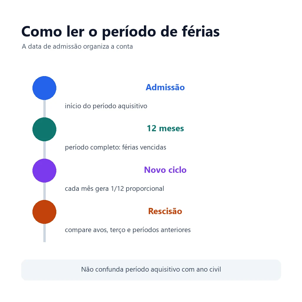 Linha do tempo editorial com admissão, doze meses, novo ciclo e conferência da rescisão