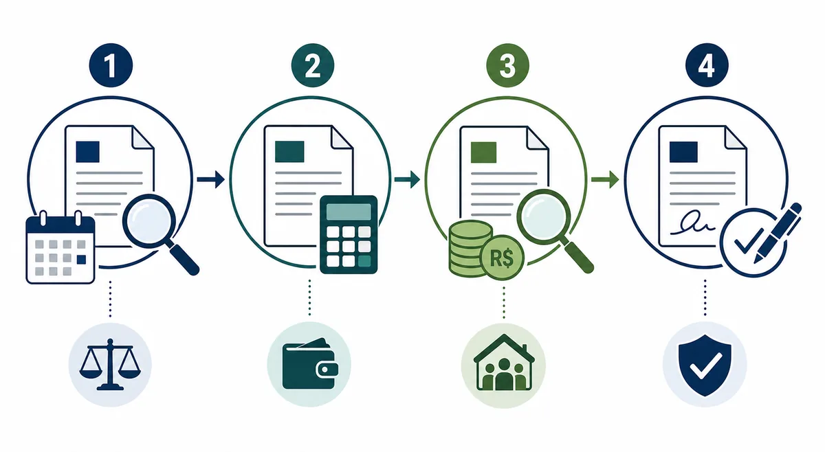 Fluxo visual com quatro etapas para conferir dados, valores, FGTS e assinatura do TRCT